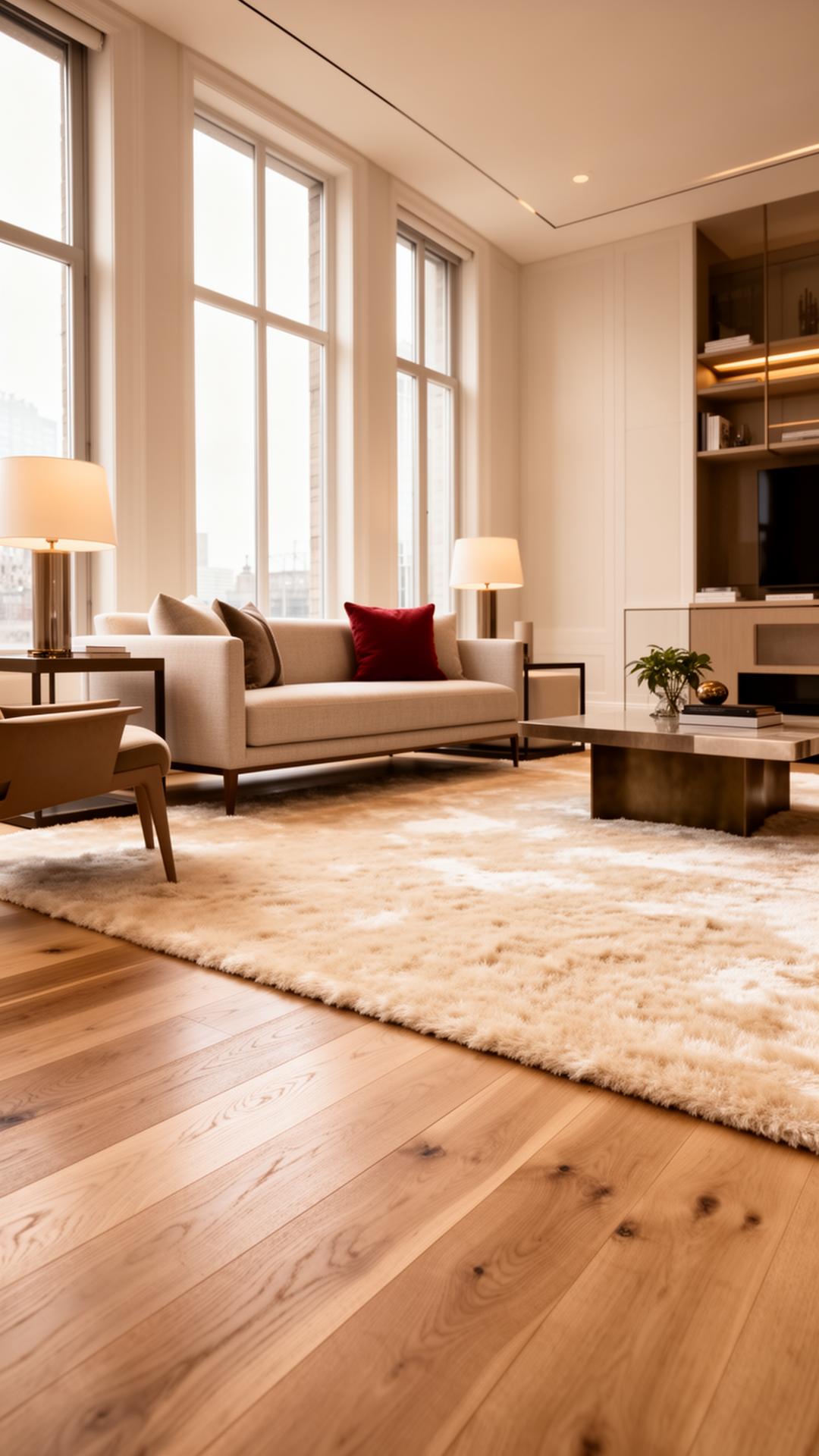 Luxury hardwood and plush carpet installation in a sunlit Detroit living room