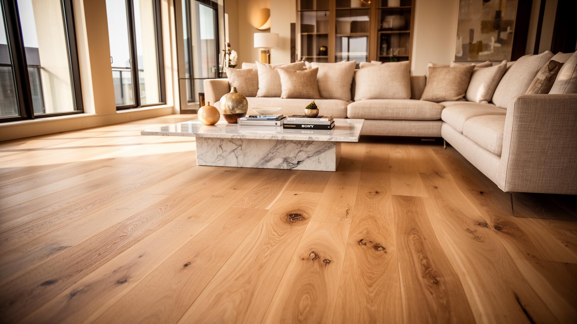 Luxury hardwood and plush carpet installation in a sunlit Detroit living room